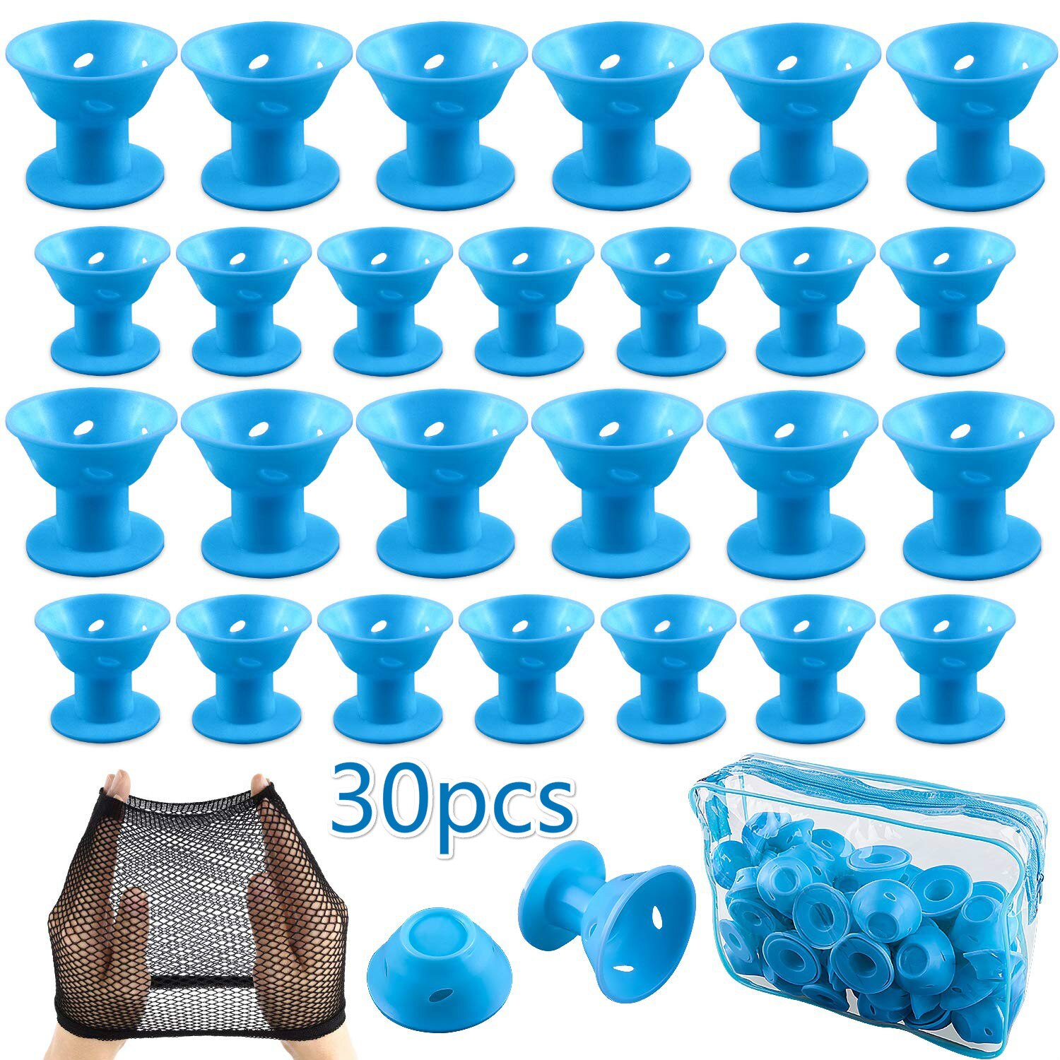 60 Stck Haar Rollen Silikon Blau Rosa Haar Lockenwickler einstellen Weiche Gummi Magie Haar Curler Modeler Heatless Haircurlers: Blau 15 groß 15klein