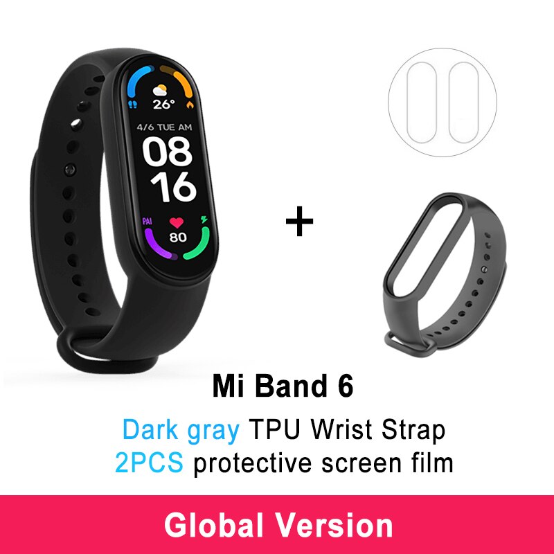 Xiaomi Mi Band 6 Smart Armband 5 Farbe AMOLED Blut Sauerstoff Smart band Fitness Traker Herz Rate Bluetooth Wasserdichte Miband 6: GB 2Flims DG