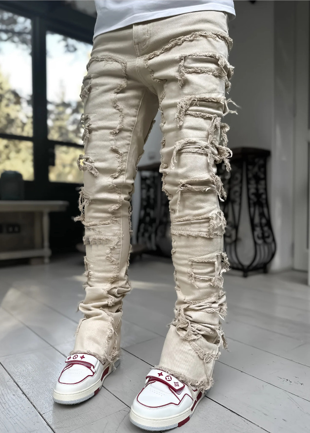 Stretch patch herrejeans  y2k patchwork kvaster dekoration lige denimbukser til mænd hiphop jeansbukser