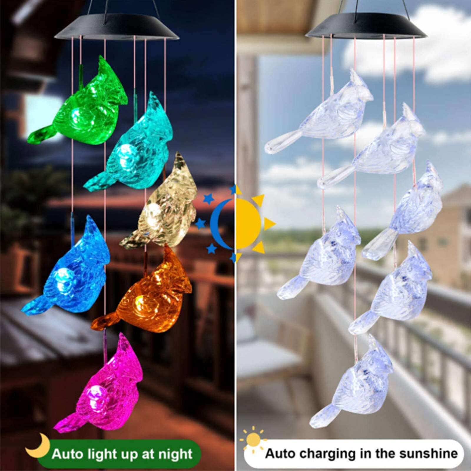 Image showcasing LED Wind Chime Solar Powered Color Changing Bird D... – Vicedeal