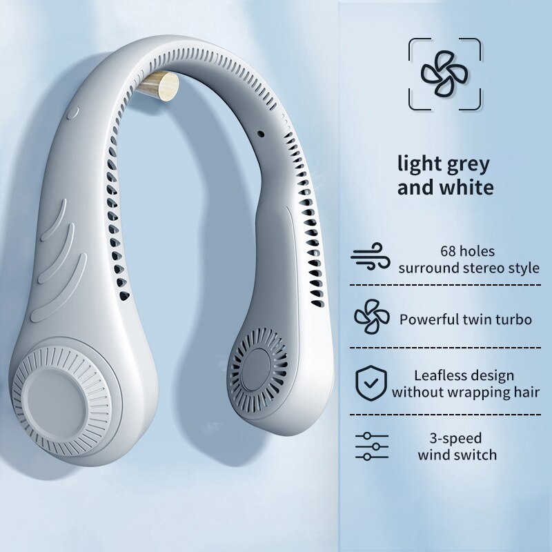Mini ventilador de cuello portátil sin aspas, aire acondicionado recargable por USB, sin hojas, silencioso, para deportes al aire libre: white