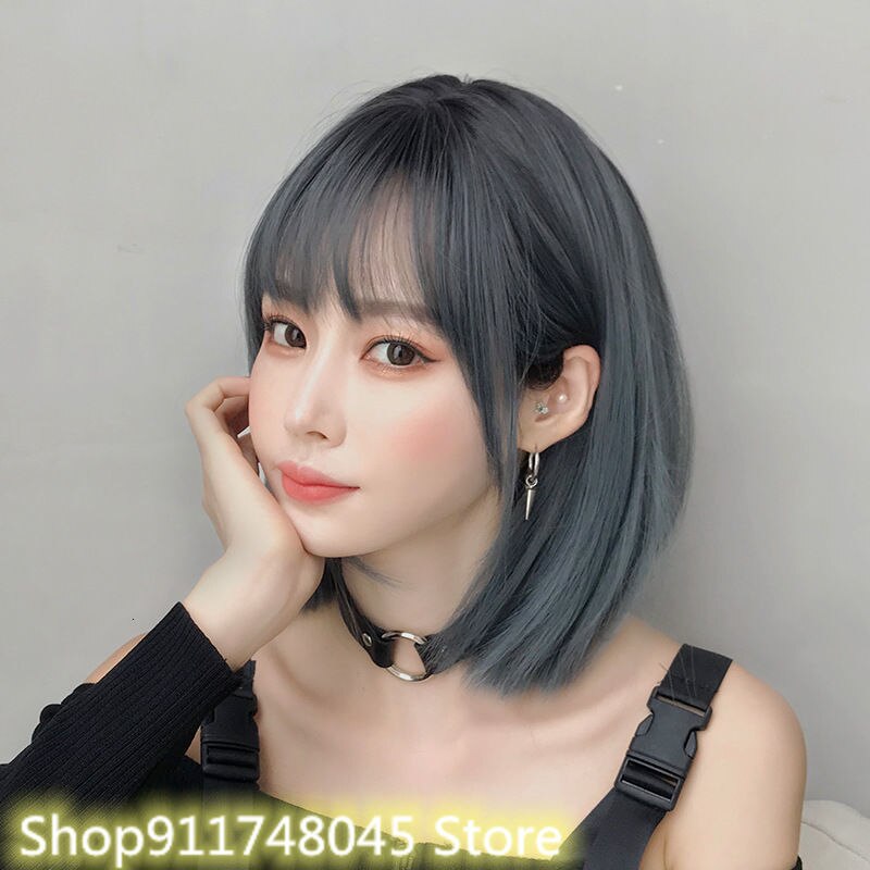 D3111Wig-Peluca de estilo japonés para mujer, con flequillo, tocado Bobo, a la , longitud del hombro, peluca con flequillo