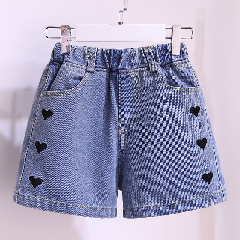 Pantaloncini di jeans per ragazze abbigliamento estate abbigliamento per bambini per adolescenti pantaloncini con stampa a cuore Costume abiti 4 6 7 8 9 10 12 anni: 3T