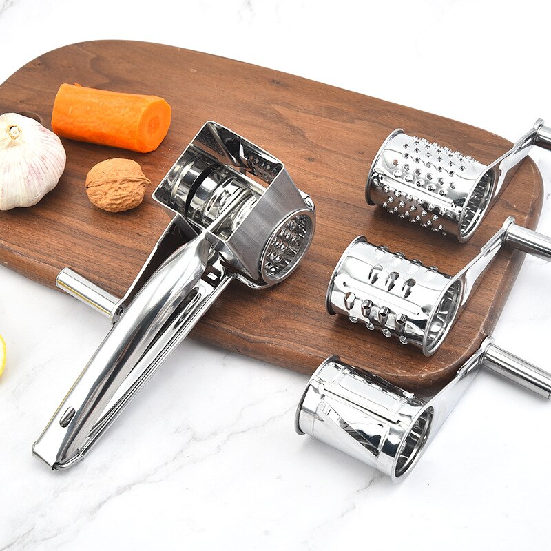 Rallador de queso de acero inoxidable, manivela manual, cuchillas giratorias, picador de verduras, cocina,