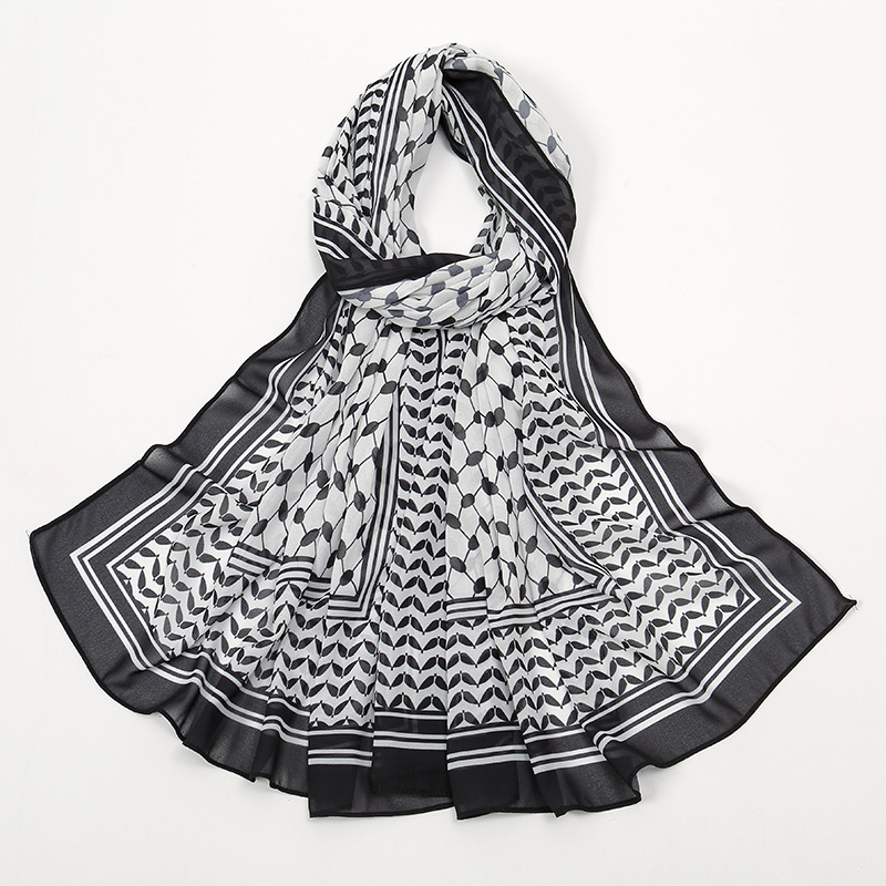 Breathable Chiffon Hijab Vintage Printed Long Scarf Geometric Pattern Head Wrap for Women Lightweight Thin Soft Cozy Shaw: black
