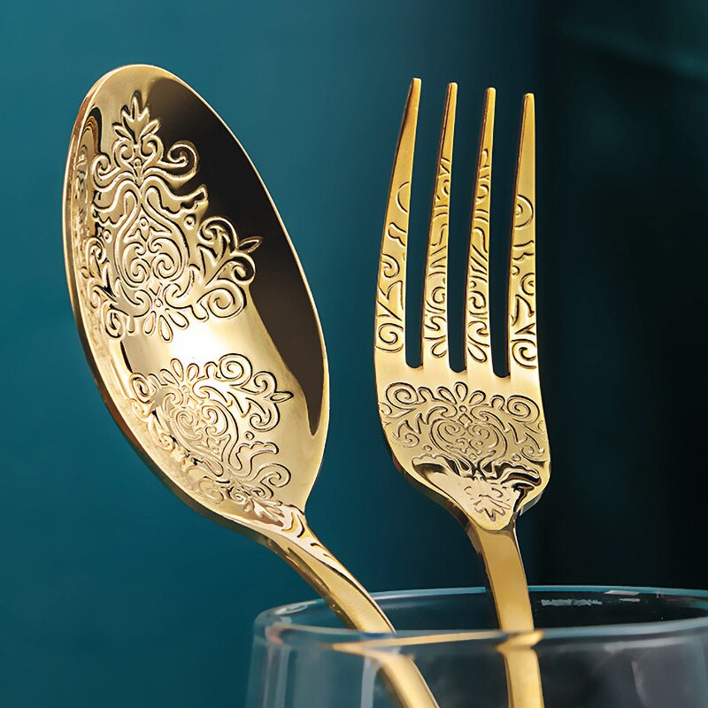 Golden Bestek Set, Europese Mes En Vork Lepel Reliëf Westerse Servies Retro Rvs Bestek Sets