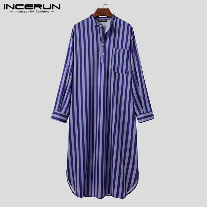 Men Striped Robes Sleepwear Stand Collar Long Sleeve Pockets Bathrobes Leisure Cozy Loose Mens Nightgowns Homewear S-5XL INCERUN