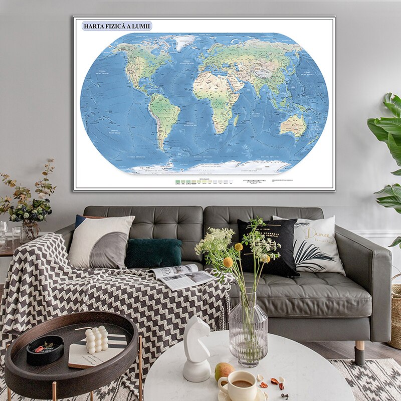 Romanian Geographic Map 225x150cm Non-woven Large Map of The World Canvas Painting Wall Art for Home Office Supplies