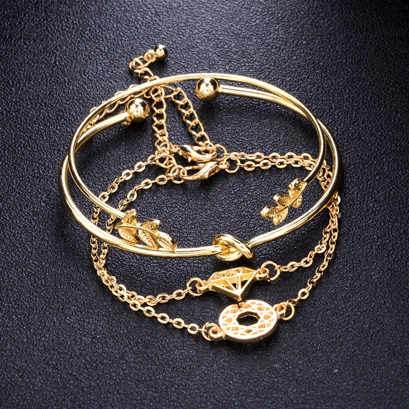 Modyle Bohemian Leaves Knot Round Chain Opening Gold Bracelet Set Women Apparel Jewelry Valentines Day