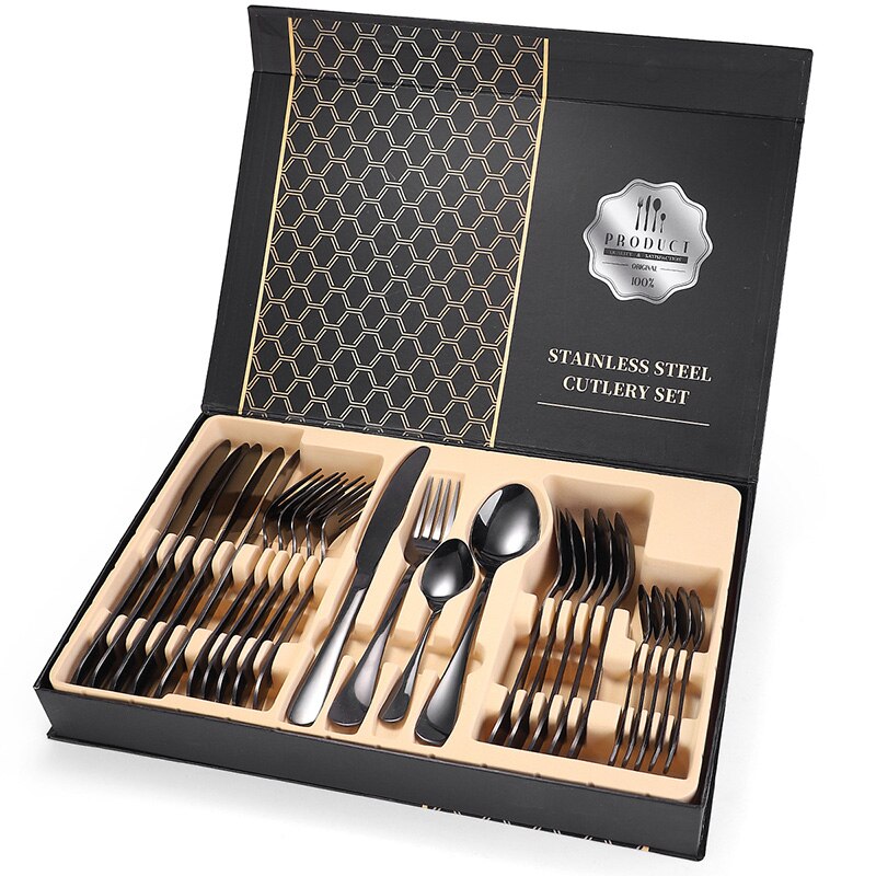24 Stks/set Rvs Servies Bestek Sets Cutter Vork Lepel Thuis Keuken Eetkamer Myding: Black