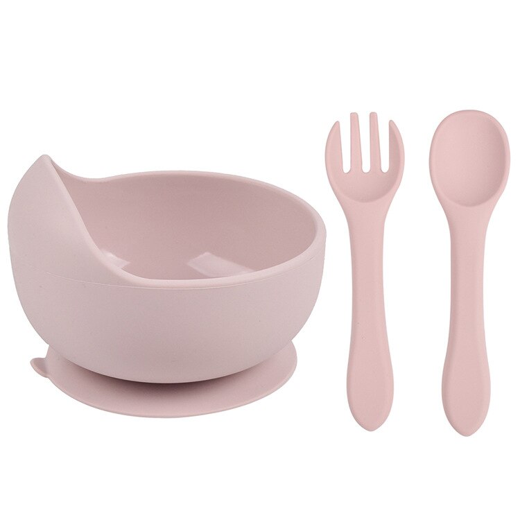 3Pcs Baby Silicone Bowl Spoon Fork Set BPA Free Non-slip Children&#39;s Suction Bowl Handle Silicone Set Food Grade Tableware: Y26