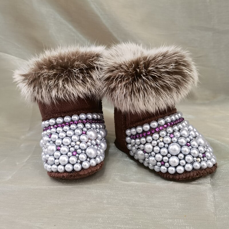 Dollbling Crystal Diamond Baby Snow Boot Warm Furry antiscivolo Bling strass perle regalo ricordo scarpe fatte a mano: chocolate / 12-18m(5.11inch)