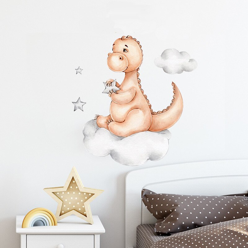 Cartoon Dinosaur Sit Clouds Wall Sticker Baby Kids Room Bedroom Background Wallpaper Art Decals Home Decoration Cute Stickers