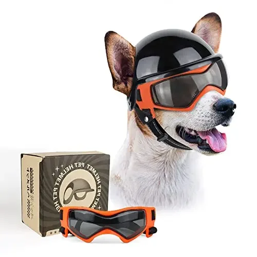 ATUBAN Lunettes pour chiens de petite taille avec casque, 2 lunettes de soleil pour chiens et ensemble de casques pour chiens de petite et moyenne taille pour la conduite en plein air et la marche: M / Rouge