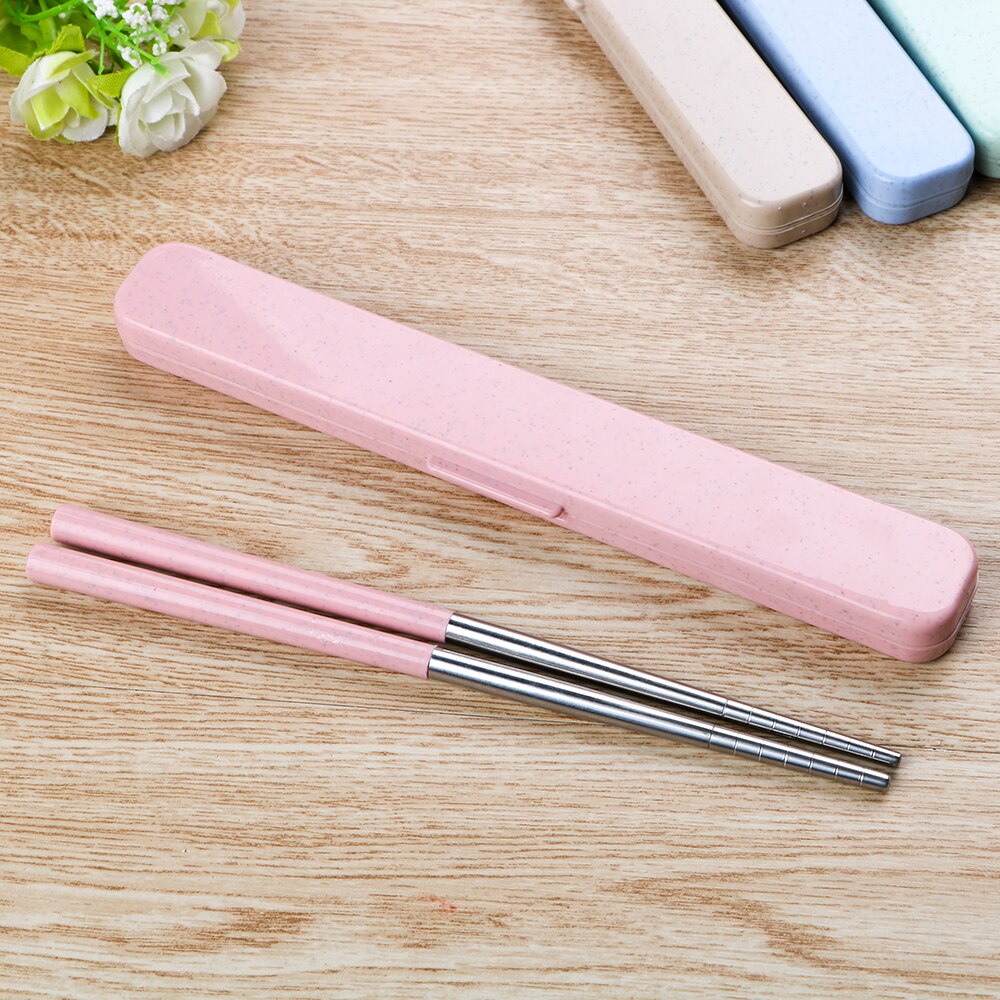 HOOMIN 1 Pair Food Sticks Chinese Chopsticks Wheat Straw 304 Stainless Steel Portable Travel Chopsticks with Storage Box: Pink