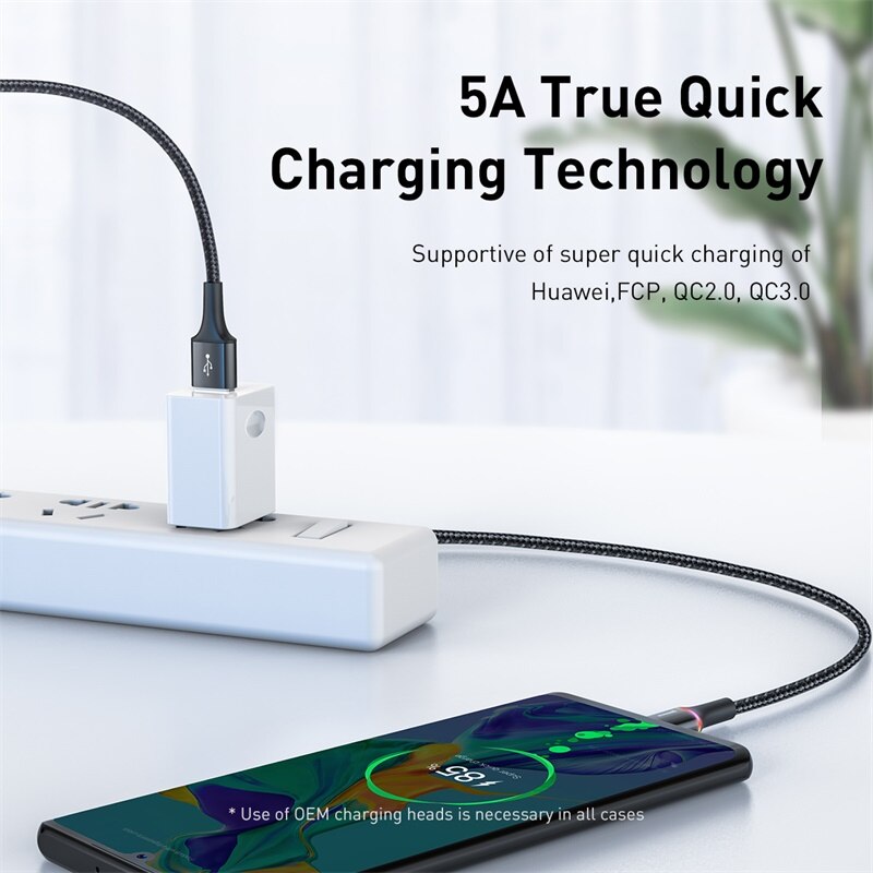 Baseus 5A Led Verlichting Lader Kabel Voor Xiaomi Redmi K20 Huawei P30 Pro 40W Fast Charging Oplader USB-C Type-C Kabel Draad Koord