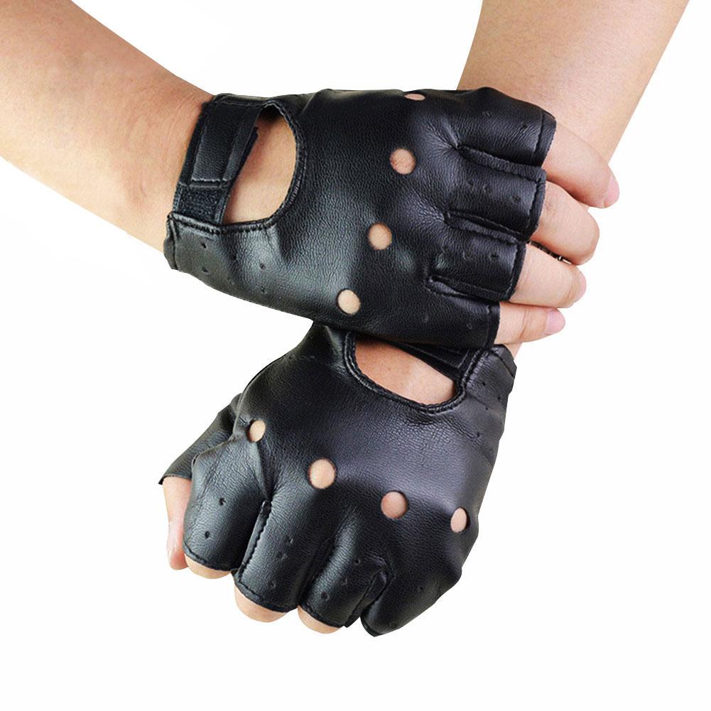 1 par unisex sort syntetisk læder fingerløse handsker solid kvindelig halvfinger til kvinder mænd punk motor cykelhandsker: Default Title