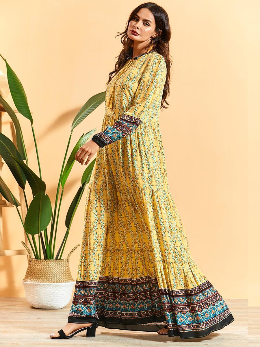 Dubai Turkey Muslim Dress Women Print Floral Big Swing Slim Maxi Hijab Dresses Islamic clothing Moroccan Elbise Abaya Kaftan