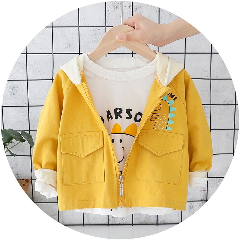 Herfst Baby Jongens Cartoon Dinosaur Lange Mouw Capuchon Kinderen Kinderen Ongedwongen Rits Bovenkleding Meisjes Jas Casaco: YELLOW / 18m