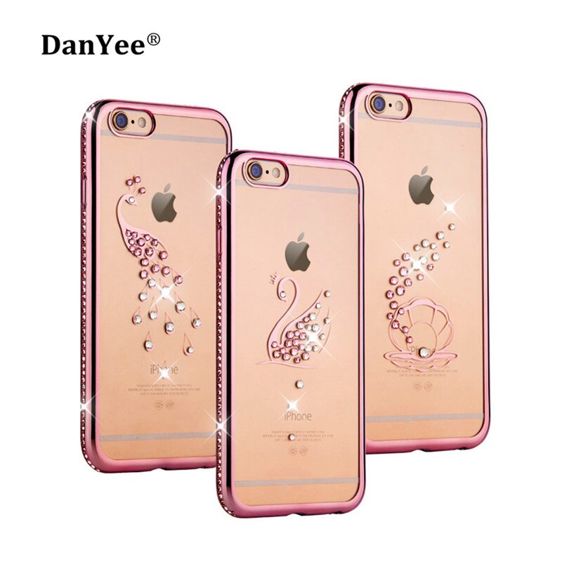 Danyee Strass Case Tpu Zwaan/Pauw/Shell Transparante Ultradunne Telefoon Cover Voor Iphone 6 6S/7 7 Plus Voorraad: for 7 Plus / Rose Gold