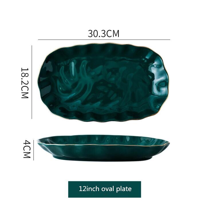 Gold Side Green Plate Tableware Bright Light Steak Dish Dessert Tray Rice Salad Noodles Bowl Dinner Plates Ceramic Dishes 1 PC: 12 inch  oval plate