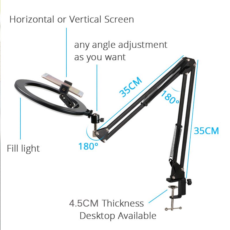 26Cm Led Ring Licht Met Lange Arm Stand Selfie Lamp Dimbare Fotografie Verlichting Kit Voor Live Tiktok Telefoon Clip opvouwbare Houder
