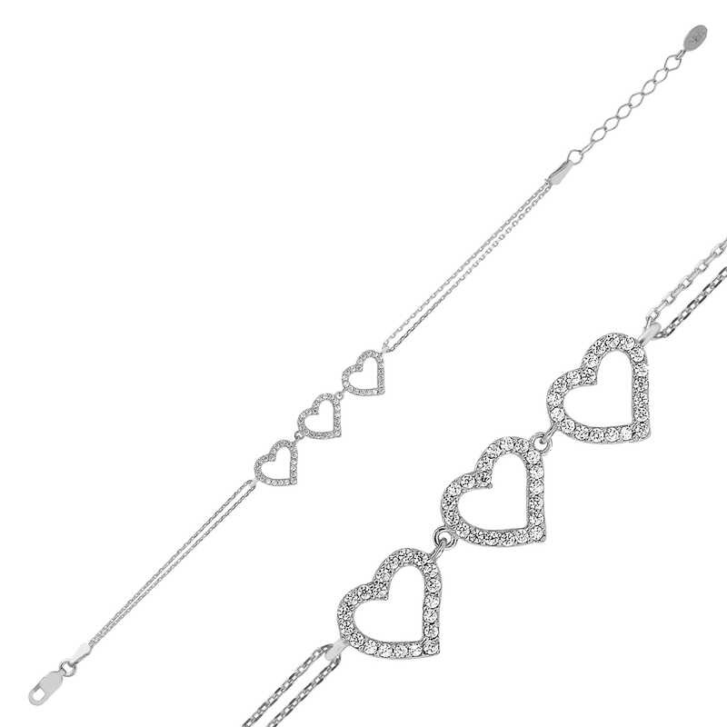 925 Sterling Silver Three Hearts Chain Bracelet for Women