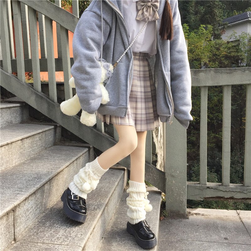 Jambières thermiques en tricot blanc pour femmes, , Slim, boule, mignon, assorti, Style japonais, Crochet Cosplay, hiver