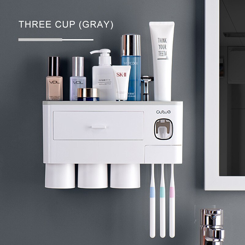 Bathroom Accessories Set Magnetic Adsorption Inverted Toothbrush Holder Automatic Toothpaste Dispenser Squeezer Storage Rack: Three Cups Grey