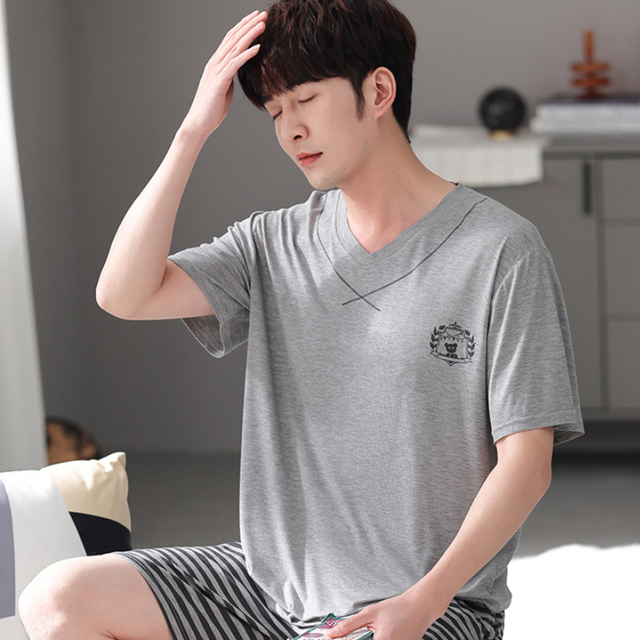 Conjunto de pijama de talla grande 3XL para hombre, pantalones cortos de verano de dos piezas, ropa de dormir de manga corta de algodón, ropa de dormir a rayas para el hogar MY450: Y6018 White Grey / M
