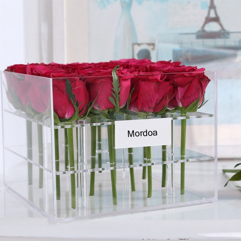 Acrylic Artificial Rose Flower Box Makeup Organizer Flower Bouquet Flower Box For Valentine's Day Wedding Decor Case