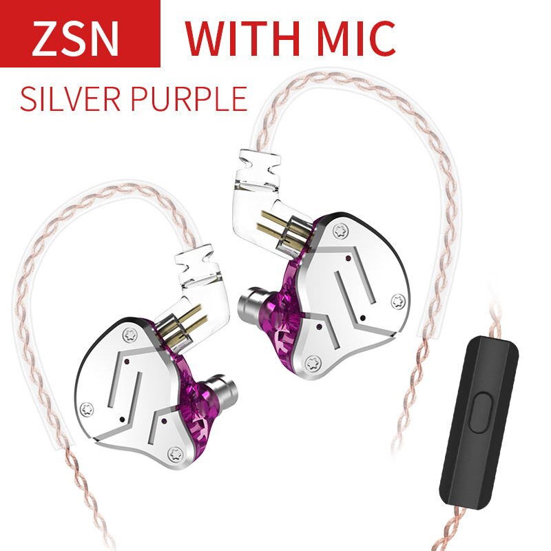 KZ ZSN Hybride In-Ear Oordopjes - 1BA+1DD Drivers, HIFI DJ Monitor, Bedraad 3.5mm, Ruisonderdrukking: paars met microfoon