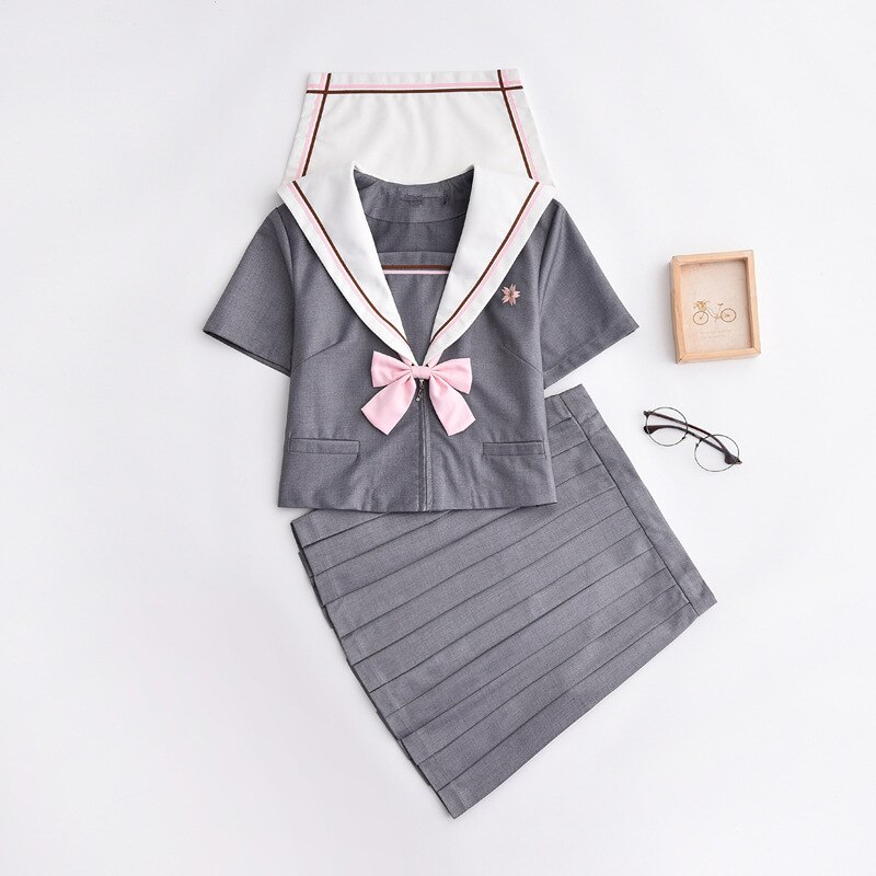 Japanese Style School Uniform Girls Sakura Embroideried Spring High School Women Novelty Sailor Suits Uniforms: Beige / XXXL