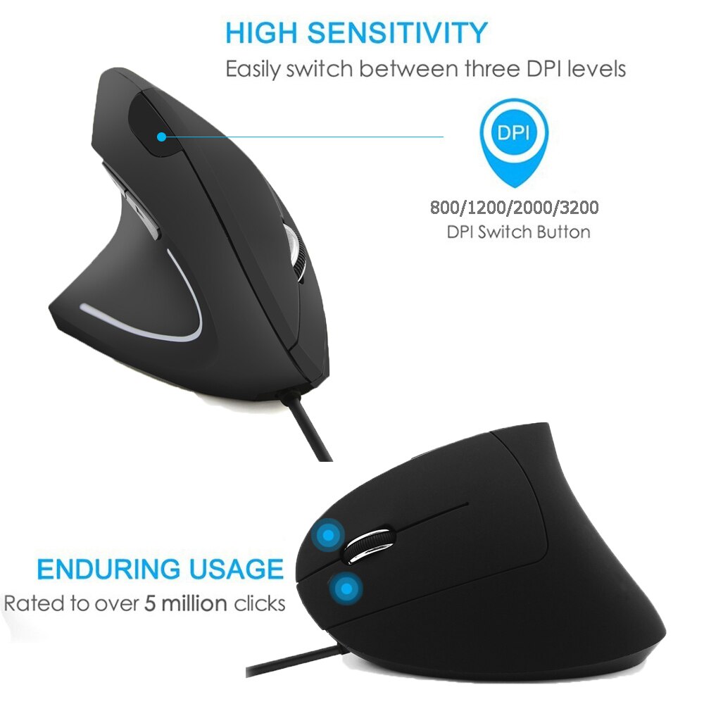 USB Ergonomic Vertical 3200 DPI Left Hand Wired Optical Mouse With Pad For Laptop PC Game