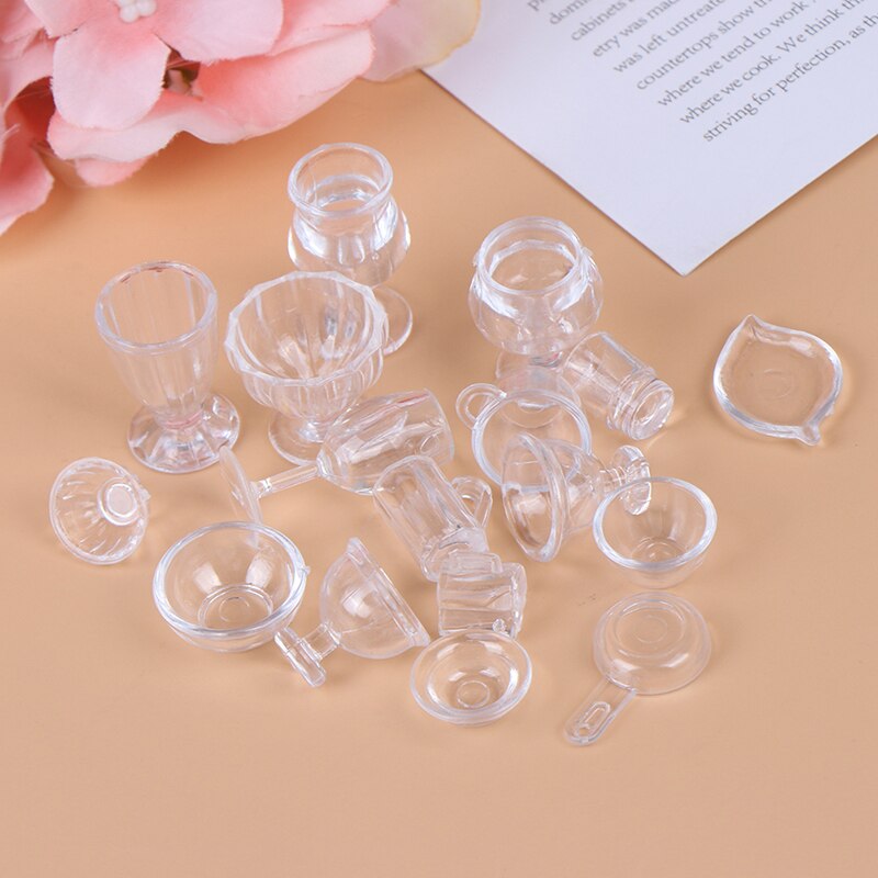 17Pcs/Set Mini Transparent Kitchenware Toy Drink Cups Dish Plate Tableware Miniatures DIY Pretend Play Toys