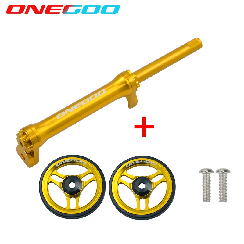 ONEGOO Easy Push Wheel Telescopic Rod for Brompton 349 Folding Bike Aluminum Alloy Trolley Bicycle Easy Wheel Bearing Wheel Rod: 3-claws Gold set