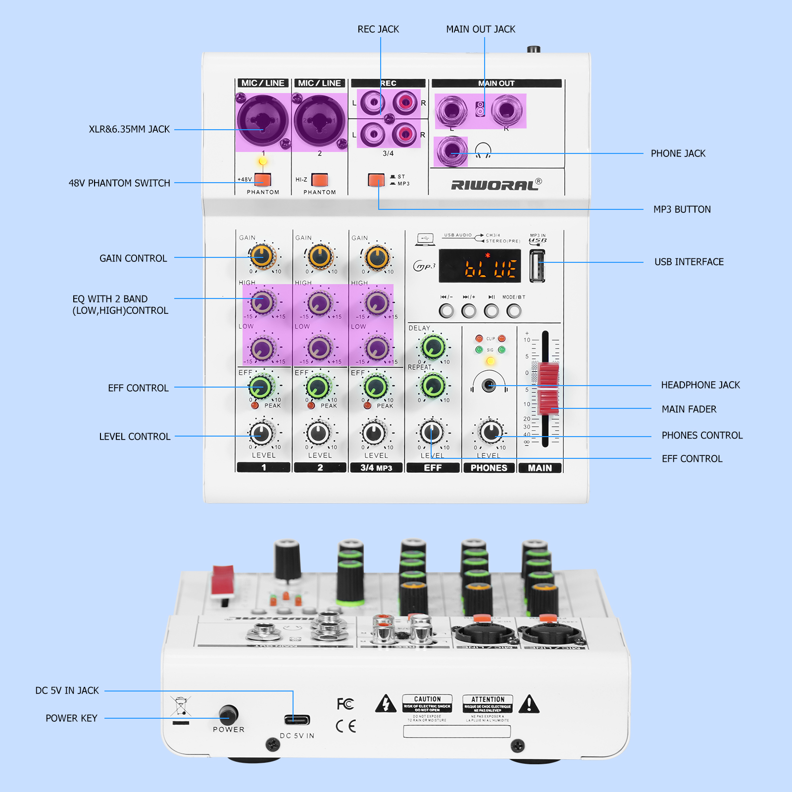 Mixer Audio Controller di registrazione e missaggio a 4 canali, mini interfaccia audio portatile, adatto per live