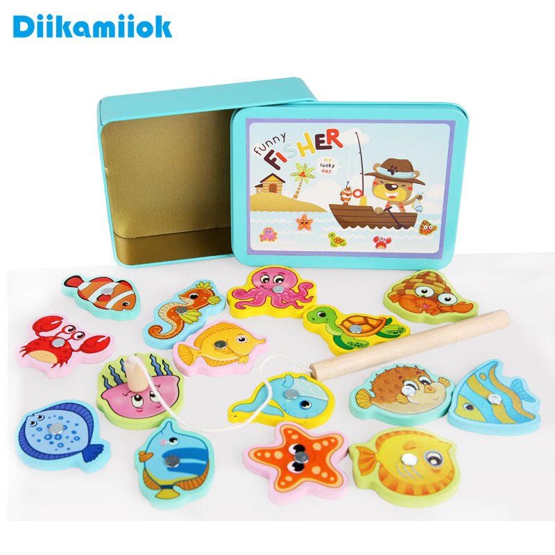 15pcs Fish Wooden Iron Box Magnetic Fishing Game Toy Baby Parent-child Interaction Learning Educational Toys for Children Boys