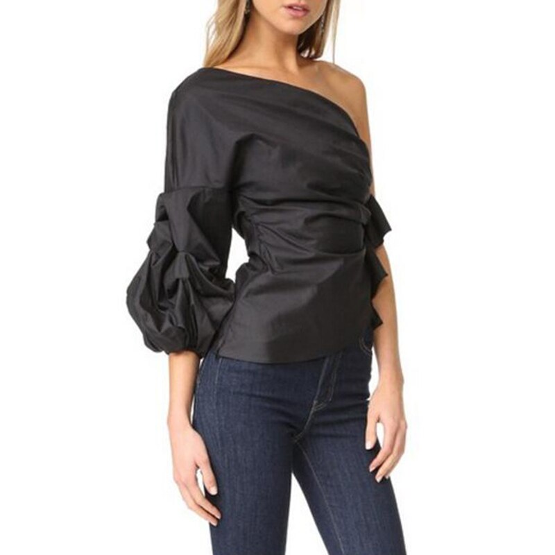 Bella Philosophy spring women three quarter sleeve blusas solid ladies ruffles shirt skew collar female puff sleeve blouse