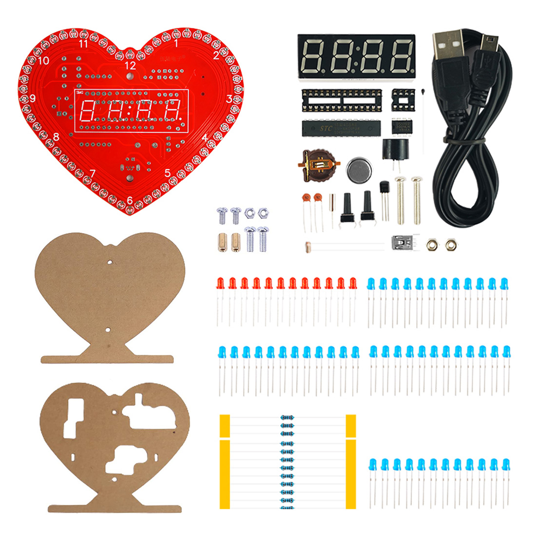 Kits de bricolaje en forma de corazón, 4 dígitos, reloj DIY con luces LED SMT SMD, Kit de práctica de soldadura, proyectos de bricolaje para aprendizaje electrónico: Default Title