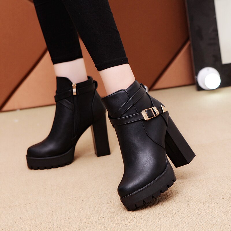 Botines De tacón cuadrado para Mujer, Botas De tacón alto con botones a la , para otoño e invierno, , F90321