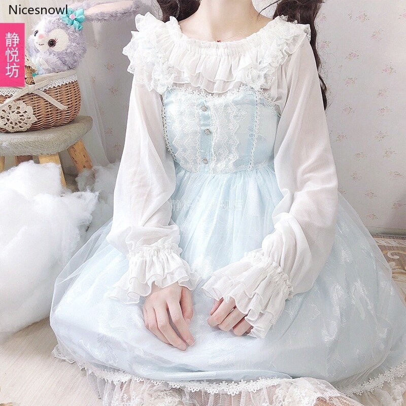 Kevät ja kesä japanilaiset tytöt kevyt mekko lolita jsk sininen pehmeä tyttöhihna lolita mekko naiset