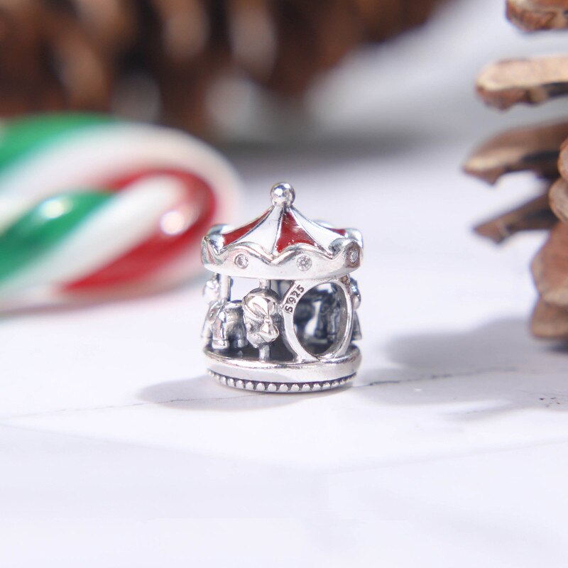 Winter Carrousel Charm 925 Sterling Zilver Liefde Vrede Emaille Bedels Kralen Fit Armbanden DIY Vrouwen Kerst Sieraden