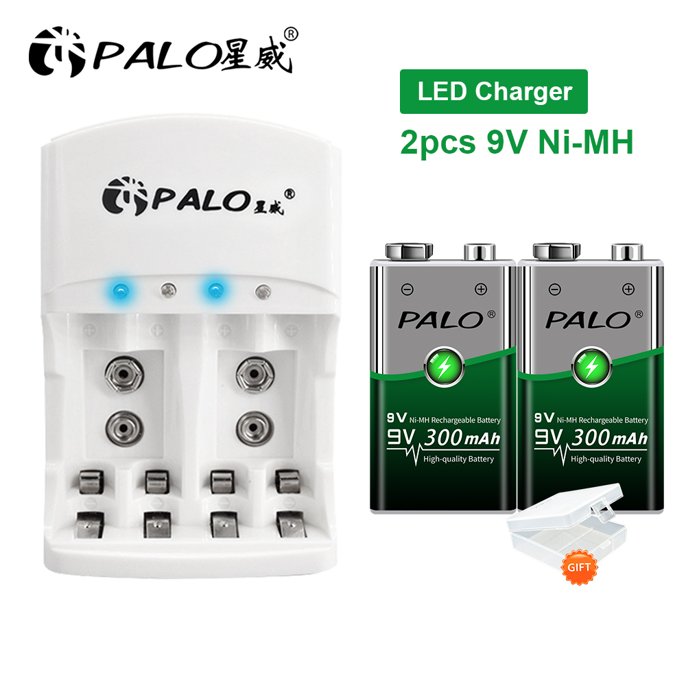 PALO 9V 300mAh NiMH Rechargeable Battery +LED Lndicator Light Charger for Ni-MH Ni-Cd AA AAA 9 Volts Batteria Crown Krone: Blue