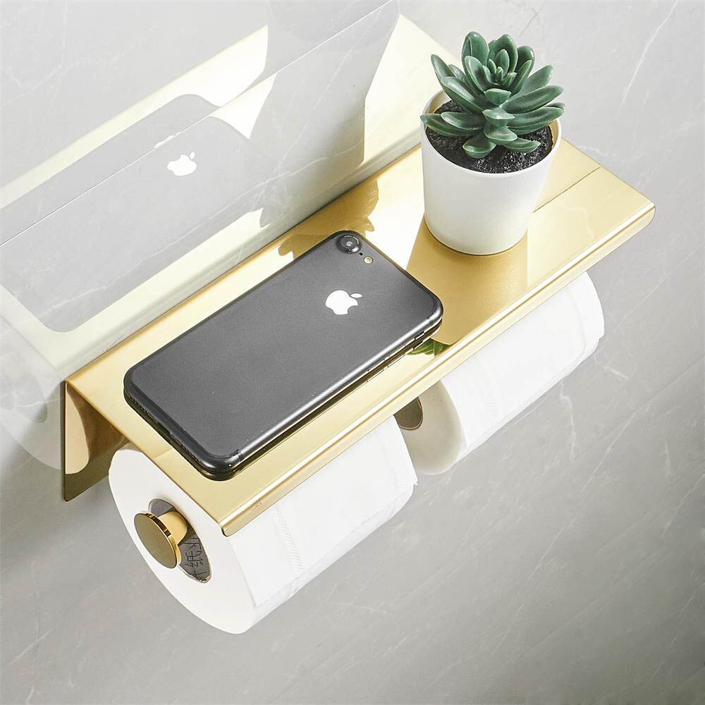 Double Roll Toilet Paper Holder with Phone Shelf, Stainless Steel Gold, Bathroom Tissue Holder Wall Mounted Tissue Dispenser