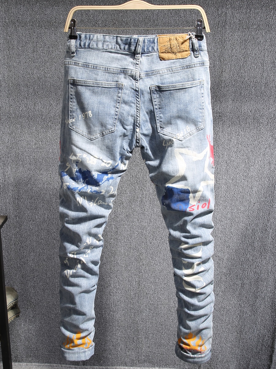 Newly Streetwear Men Jeans Light Blue Slim Fit Printed Jeans Men Elastic Denim Pencil Pants Hip Hop Jeans Homme