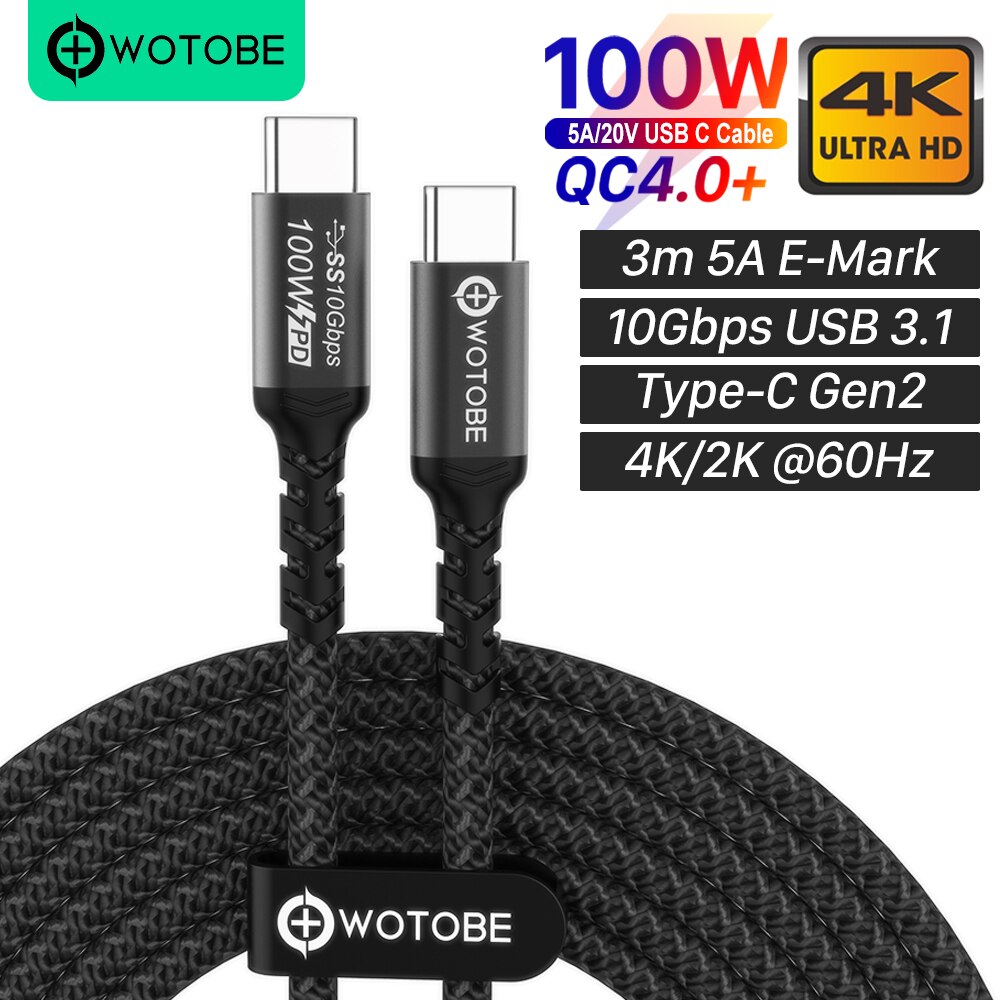 3M 10ft USB-C Tot C Kabel 5A E-MARK PD100W Usb 3.1 Gen2 10Gbps 4K 60Hz Video nylon Weven Legering Power Line Voor Computer Laptops: black / 2m