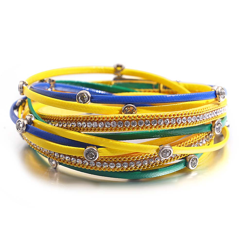 ALLYES, pulseras de cuero con cuentas de cristal Vintage para mujeres y hombres, cadena larga bohemia, pulsera envolvente multicapa, de joyería: PLATEADO