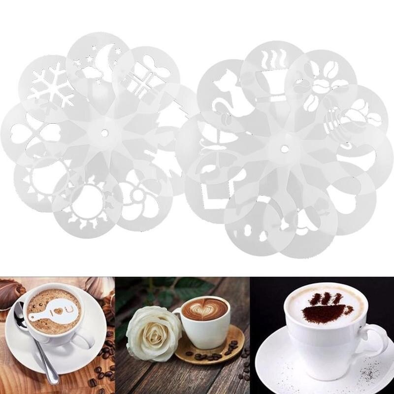 19 stuks/set koffiesjablonen, koffiedrukmal, schuimspray cake, cappuccino tekenmal, poederzeef, gereedschap, café-accessoires