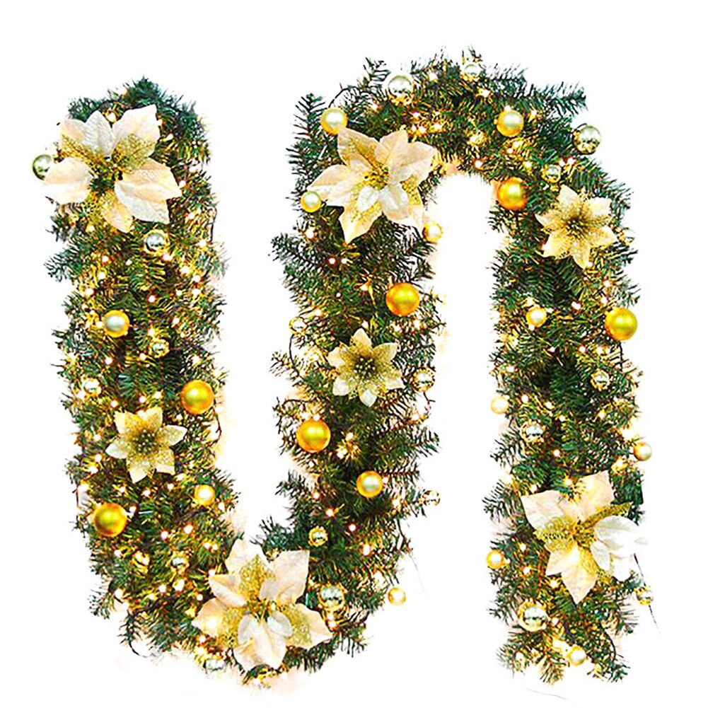 Xmas Garland Met Led String Lights 2.7M/9ft Kerstboom Ornamenten Decoraties Kerst Kunstmatige Krans Krans: Gold